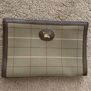 BB1015 Burberry vintage men's pouch in check canvas and brown leather